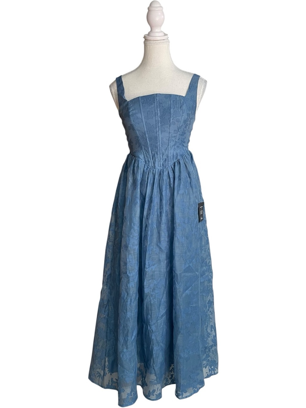 Lulus Colwyn Square Neck Bustier Jacquard Midi Dress Blue Floral